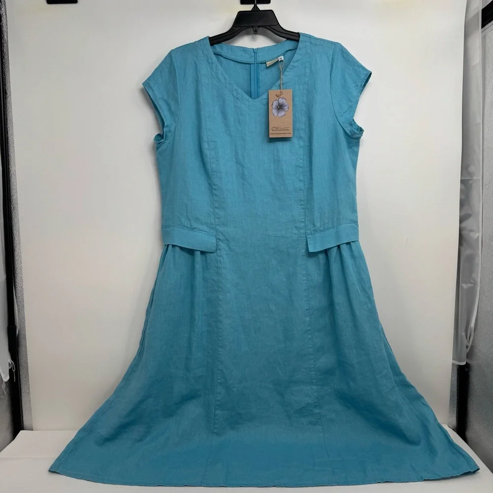 NWT Baltic Jura Linen Womens Size 46 Blue Midi Dress Short Sleeve V Neck Pockets - Picture 1 of 14